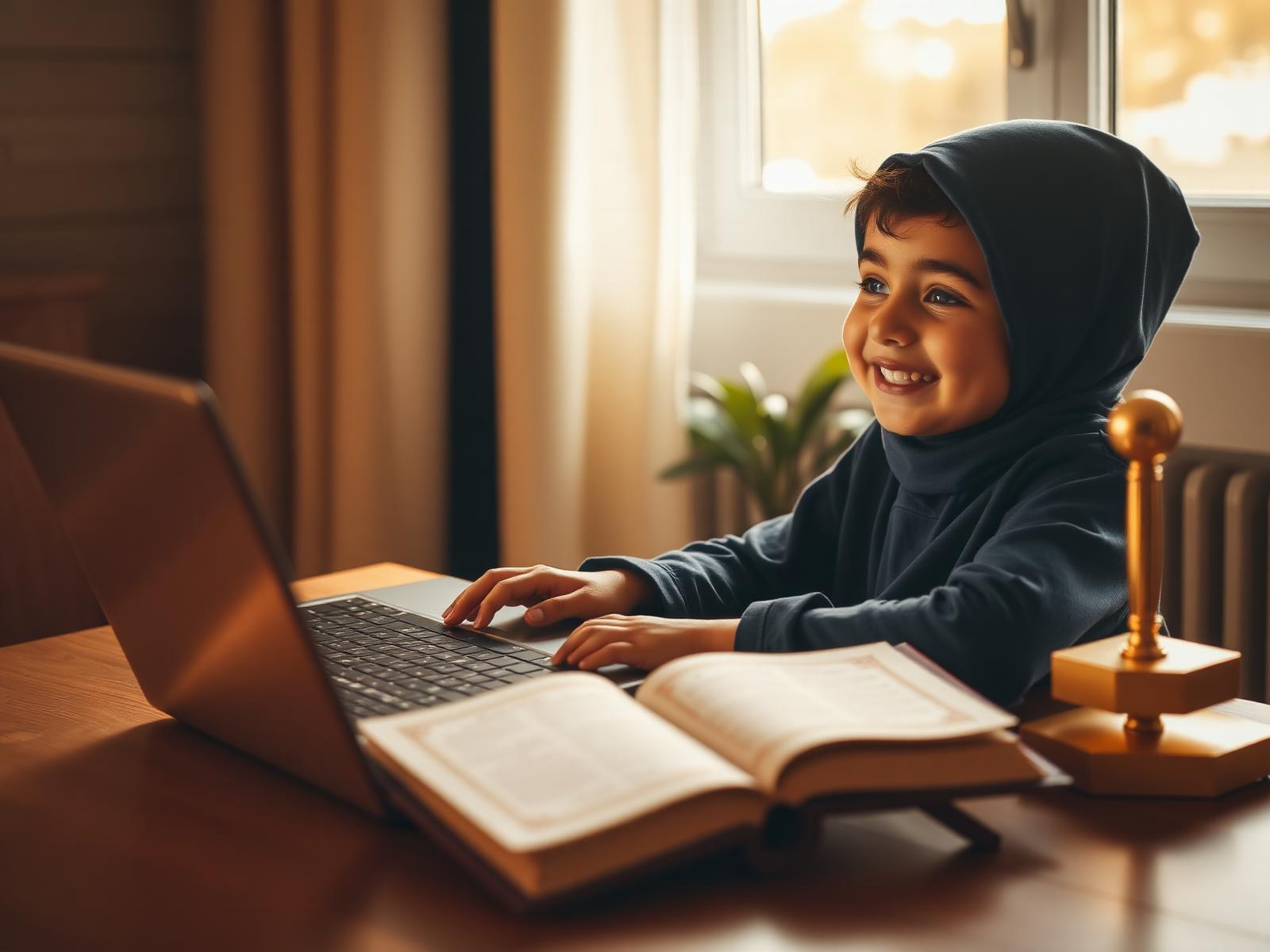 Young student joyfully learning the Quran online with a certified teacher
